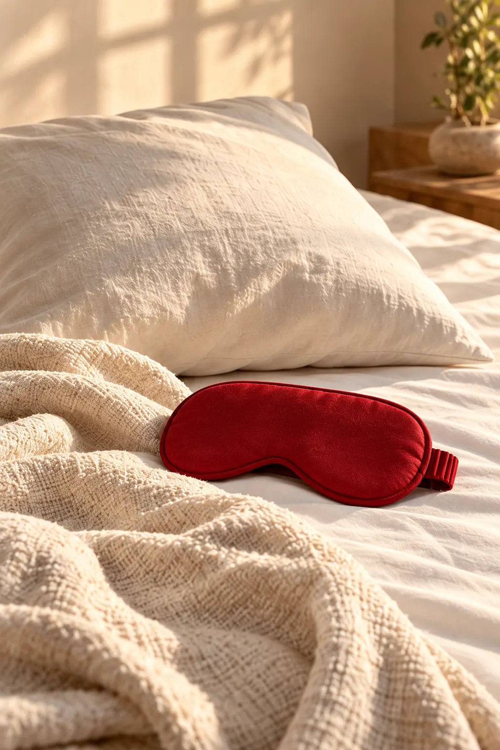 A red sleep mask on ivory bedding beside a pillow and blanket